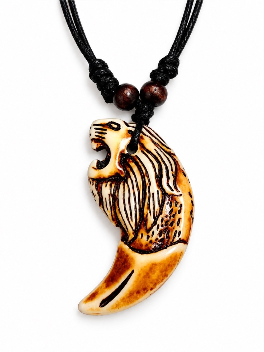 Lion Head Fang Style Pendant Necklace Black Cord Boho Statement (N10)